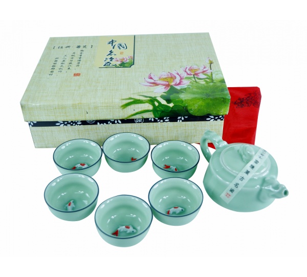 青瓷浮雕魚茶具組,茶具組禮盒,陶瓷茶具組,茶具組推薦,泡茶組,中式茶具組
